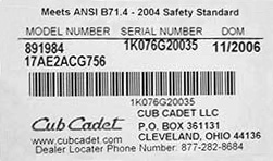 Cub Cadet Model and Parts Sticker